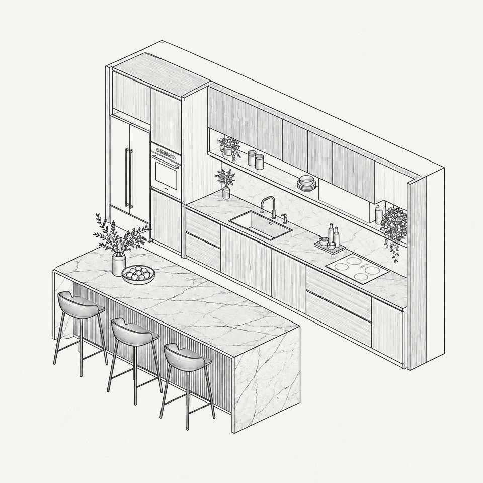 Plano isométrico de una cocina a medida