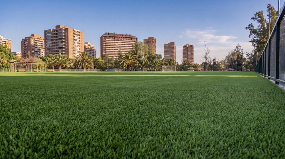 Pasto sintético en Parque Araucano con edificios de Las Condes al fondo