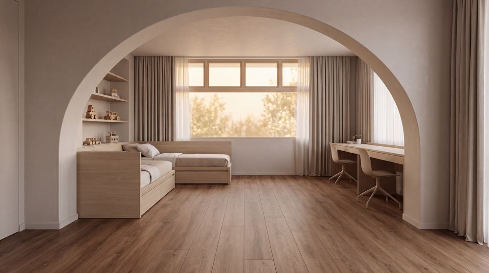Piso vinílico en una habitación con arco y escritorio