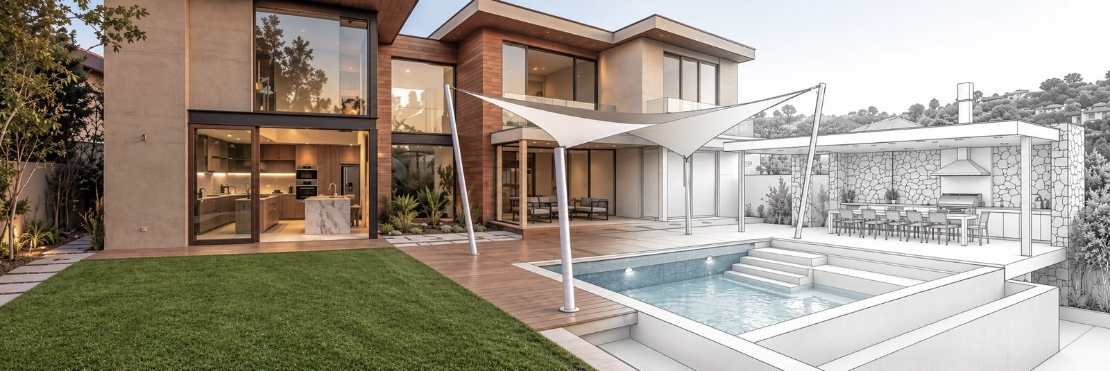 Casa con pasto sintético, cocina integral, velas de sombra, piscina y quincho; la parte derecha en dibujo 3D