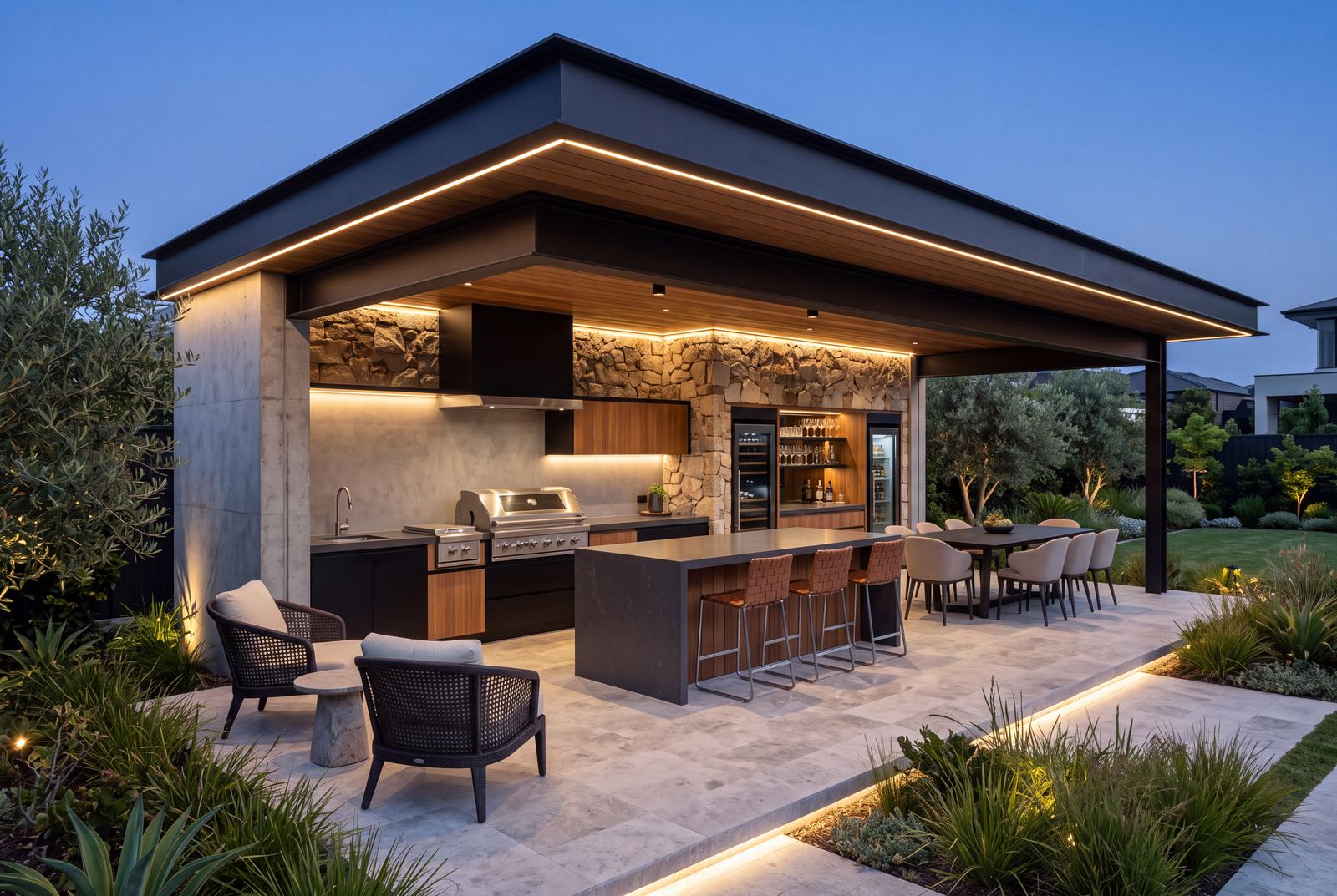 Quincho equipado con isla y barra, muebles a medida, cava e iluminación